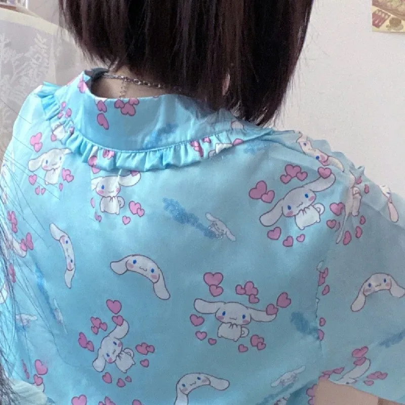 Sanrio Cartoon Cinnamoroll Summer Japanese Pajamas Girls New Short-Sleeved Shorts Lace Suit Cute Comfortable Casual Home Clothes