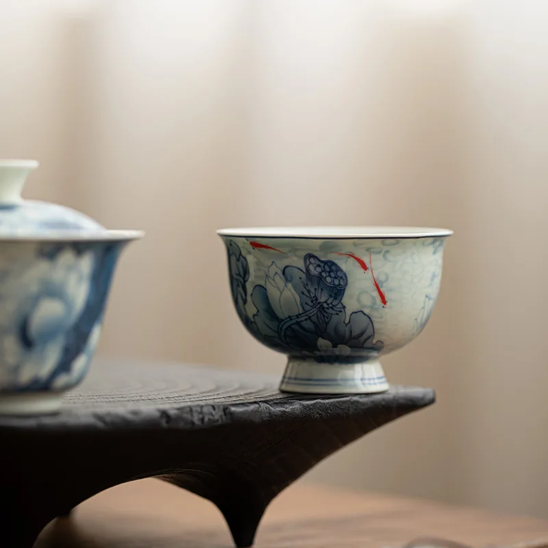 Vintage Underglaze Red Blue Master Tea Bowl Personal‑use Kung Fu Tasting Cup Handcrafted Tea Ware For Home Tabletop Tea Ceremony