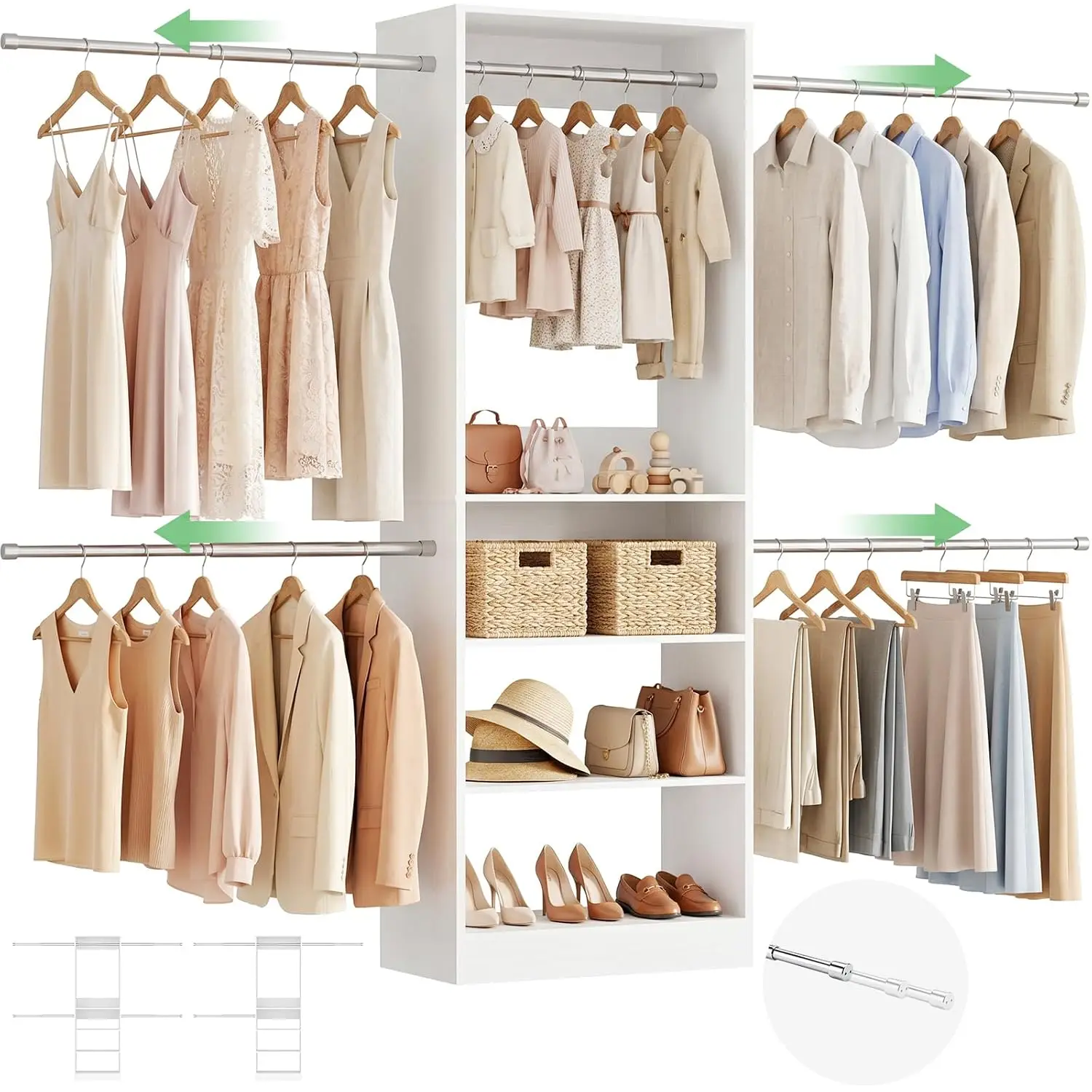 12FT Open Closet System Wall-Mounted Wardrobe Shelving 5 Hanging Rods 6 Shelves Walk-In Closet Storage White, Customized