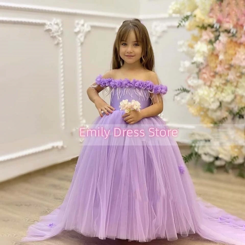 

Flower Girl Dress 2024 Purple Tulle Applique First Communion Formal Princess Gown For Wedding Party Junior Bridesmaid Dress