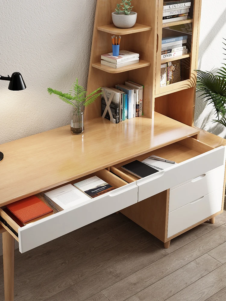 Solid Wood Desk and Bookshelf Combinação, adequado para pequenos alunos do agregado familiar, computador em casa, Nordic Escrita Desk, Estudo Minimalista