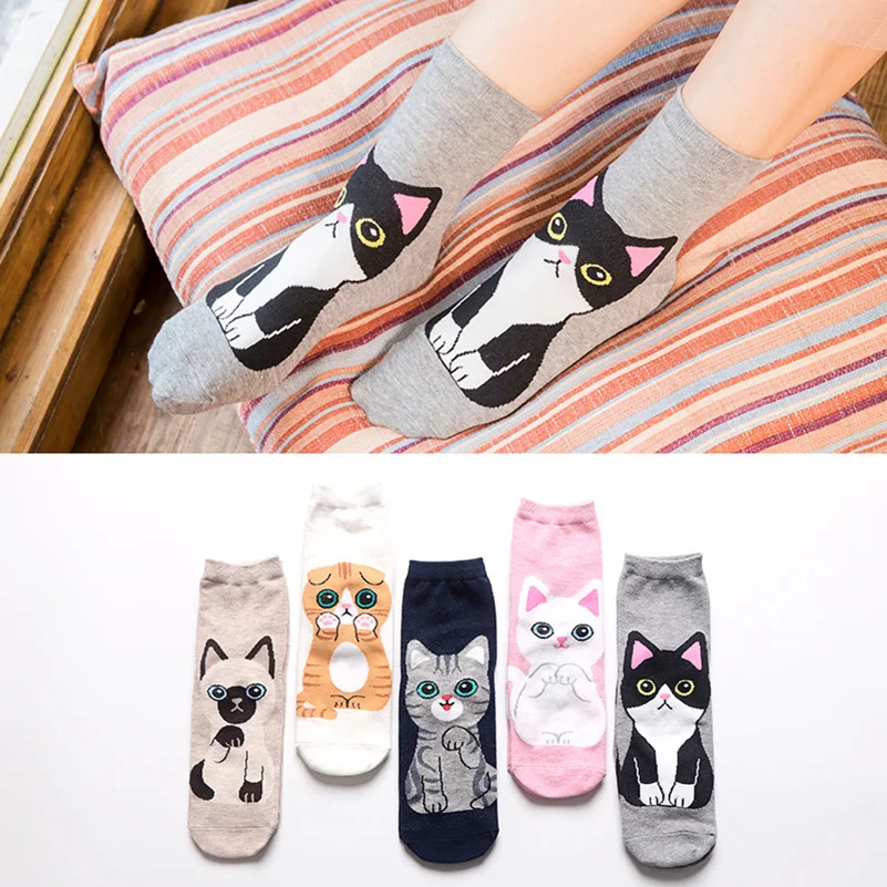5 Pairs/set Women New Cartoon Cat Socks Mid Tube Autumn Winter Japanese  Korean Trends Womens Socks Cotton Spring Meias Hosiery