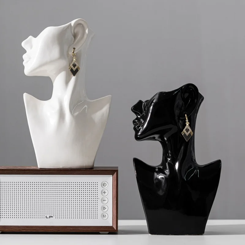 Ceramic Face Vase with Earrings Black White Flower Vase Modern Art Sculpture Table Decor for Living Room