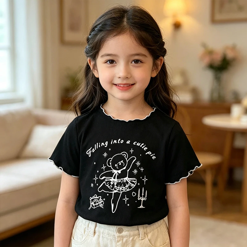 Mädchen T-Shirt mit Cartoon-Print und Rüschenbesatz, Sommer-Kurzarmshirt mit Rundhalsausschnitt, Niedliches Grafik-T-Shirt für 2-8 Jahre, Lässige Slim-Fit Oberteile für Kinder