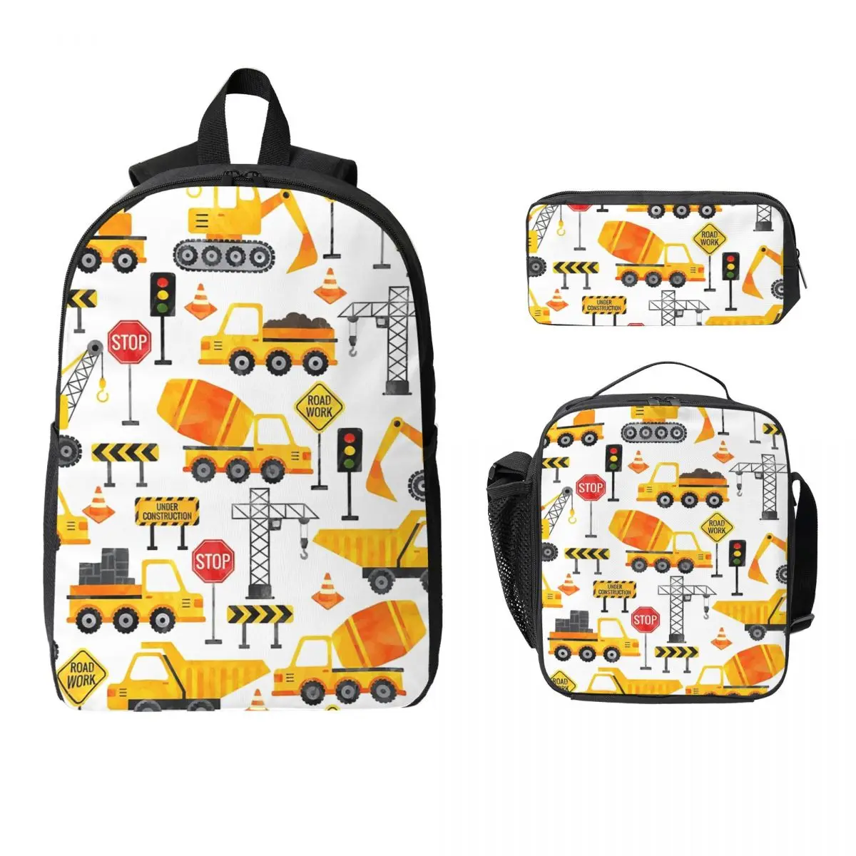 

Road Work Watercolor Construction Vehicles Backpack Student Boys Girls BookBag School Bag 3ps Insulated Lunch Bag Pencil Case