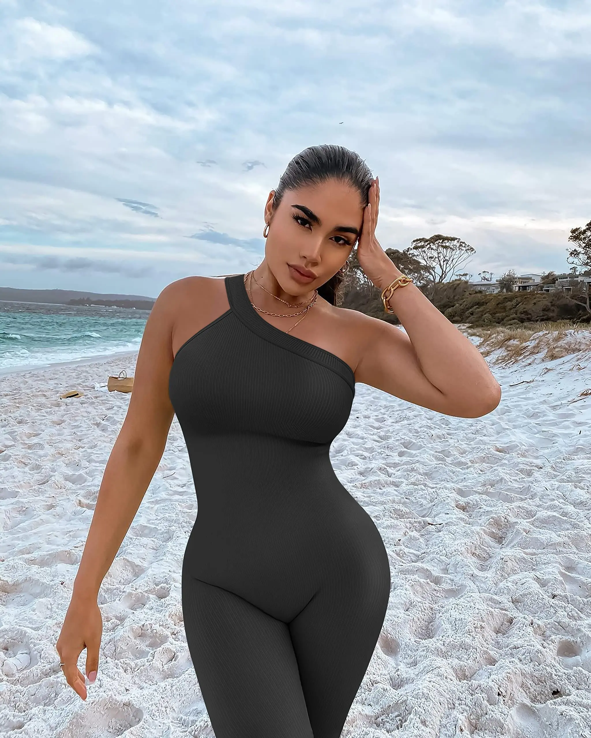 Women Sleeveless One Shoulder Single Strap Women Workout Yoga Ribbed Jumpsuit Sleeveless Romper Solid Color Sport Jumpsuit