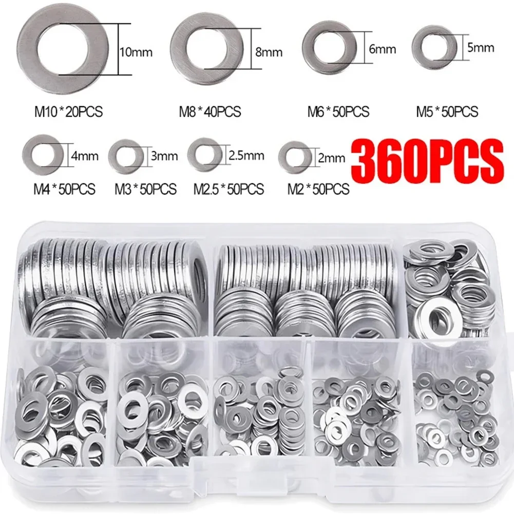 360pcs Stainless Steel Flat Washer Plain Gasket Rings Assortment Kit M2-M10 Flat Washers And Lock Washer For Fastening Tasks