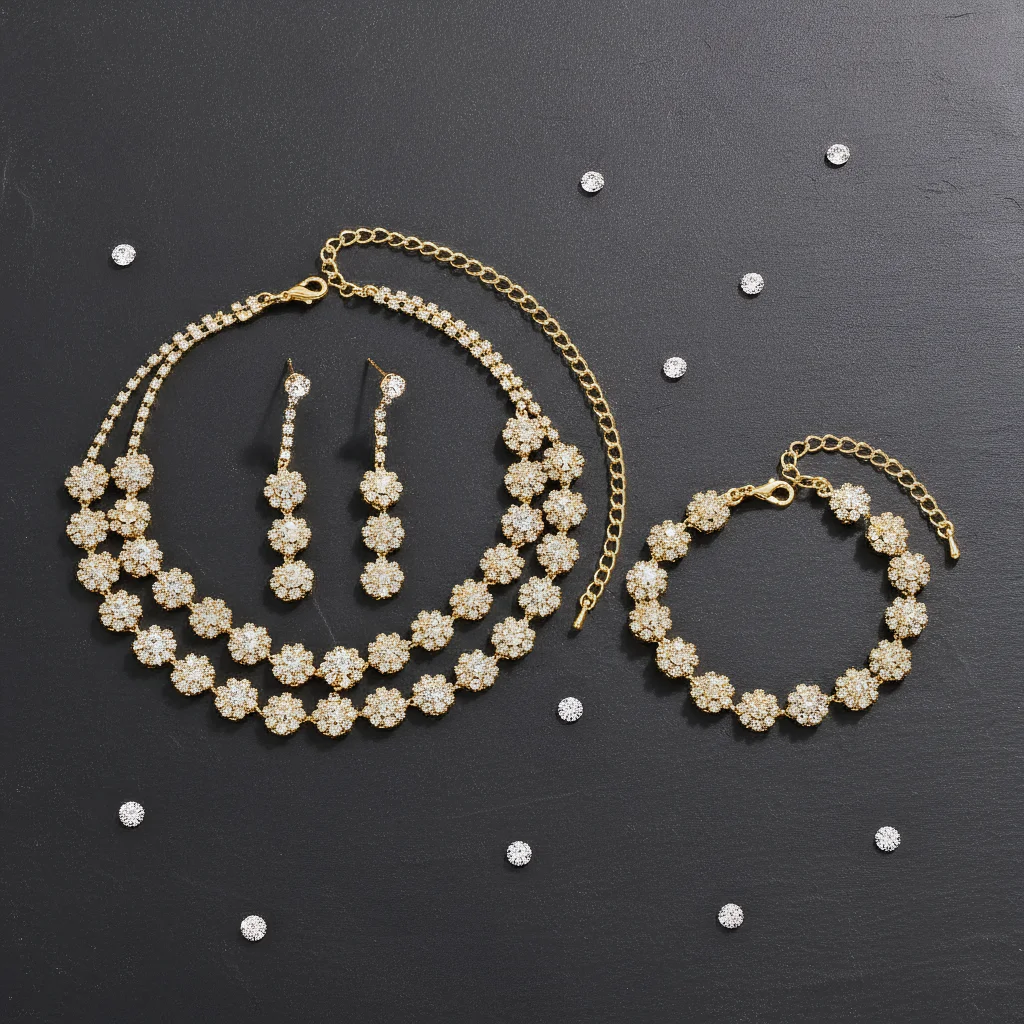 

4pcs Elegant Vintage Jewelry Set for Women Double Layered Sunflower Necklace Golden Choker Bridal Wedding Bracelet Party Gift