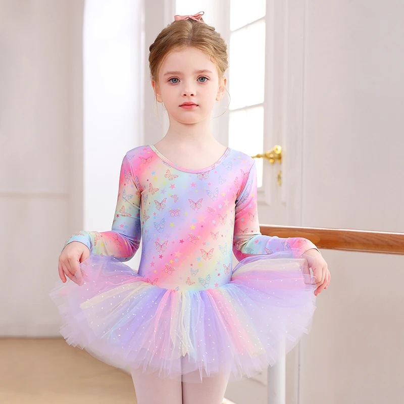 

Girls Rainbow Ballet Leotard Dress Long Sleeve Butterfly Star Print Tutu Dance Costume for Kids Gymnastics Practice Performance