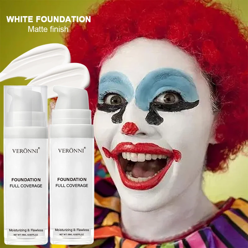 VERONNI Base líquida blanca mate de cobertura total, maquillaje resistente de cobertura extrema, fórmula cremosa impermeable y duradera