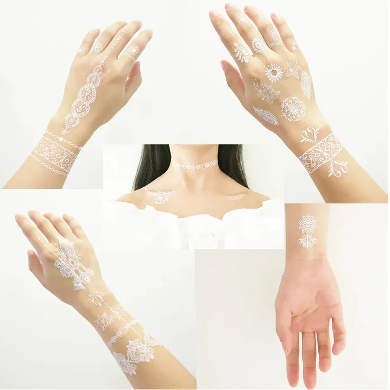 

white lace Waterproof Henna Tattoo Stickers for Women Flower Fake Tattoo for Hand Temporary Tattoos for Wedding Party Festival