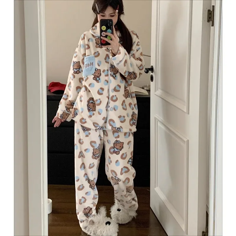 Hello Kitty Cute Girls Pajama Sets Leopard Winter Thick Pajamas Sleepwear Flannel Soft Women Pijamas Coral Fleece Home Clothes