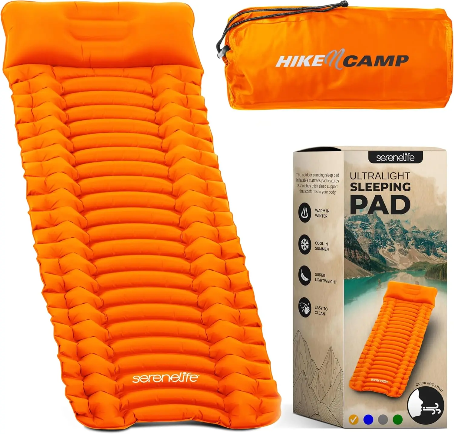 

Надувной матрас для рюкзака, 2,7 дюйма, водонепроницаемый легкий спальный коврик с сумкой для переноски, устойчивый к разрыву нейлон для пеших прогулок и лагеря