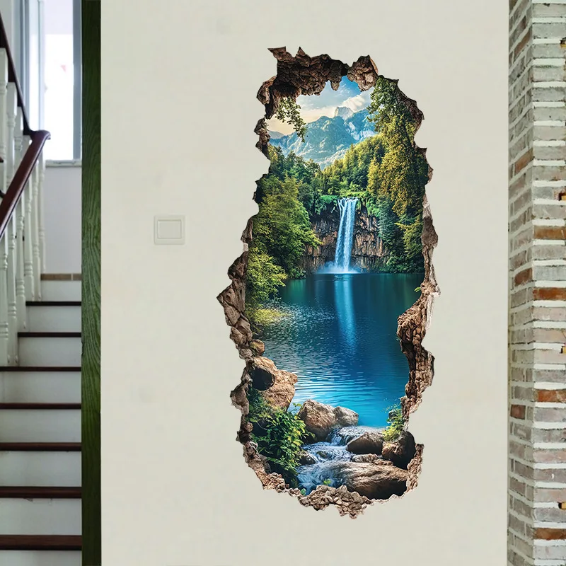 Green Mountain Blue Water Vinyl Wall Hole Art Sunny Waterfall Scenery Mural Stickers for Home Decoration Aesthetic Rooms Porch