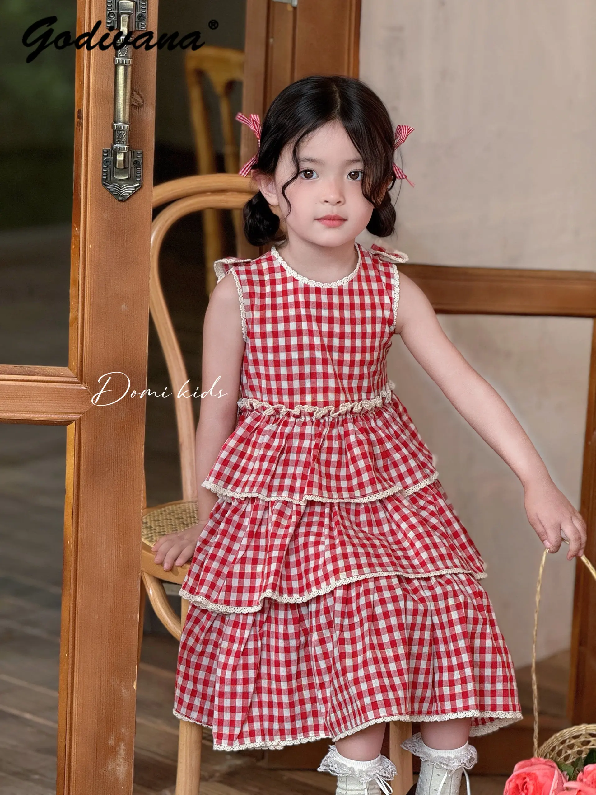 Sweet Baby Girls 2026 New Summer Red Plaid Sundress Toddler Kids Sleeveless O-neck Soft Cotton Loose Lace Trim Cake Casual Dress