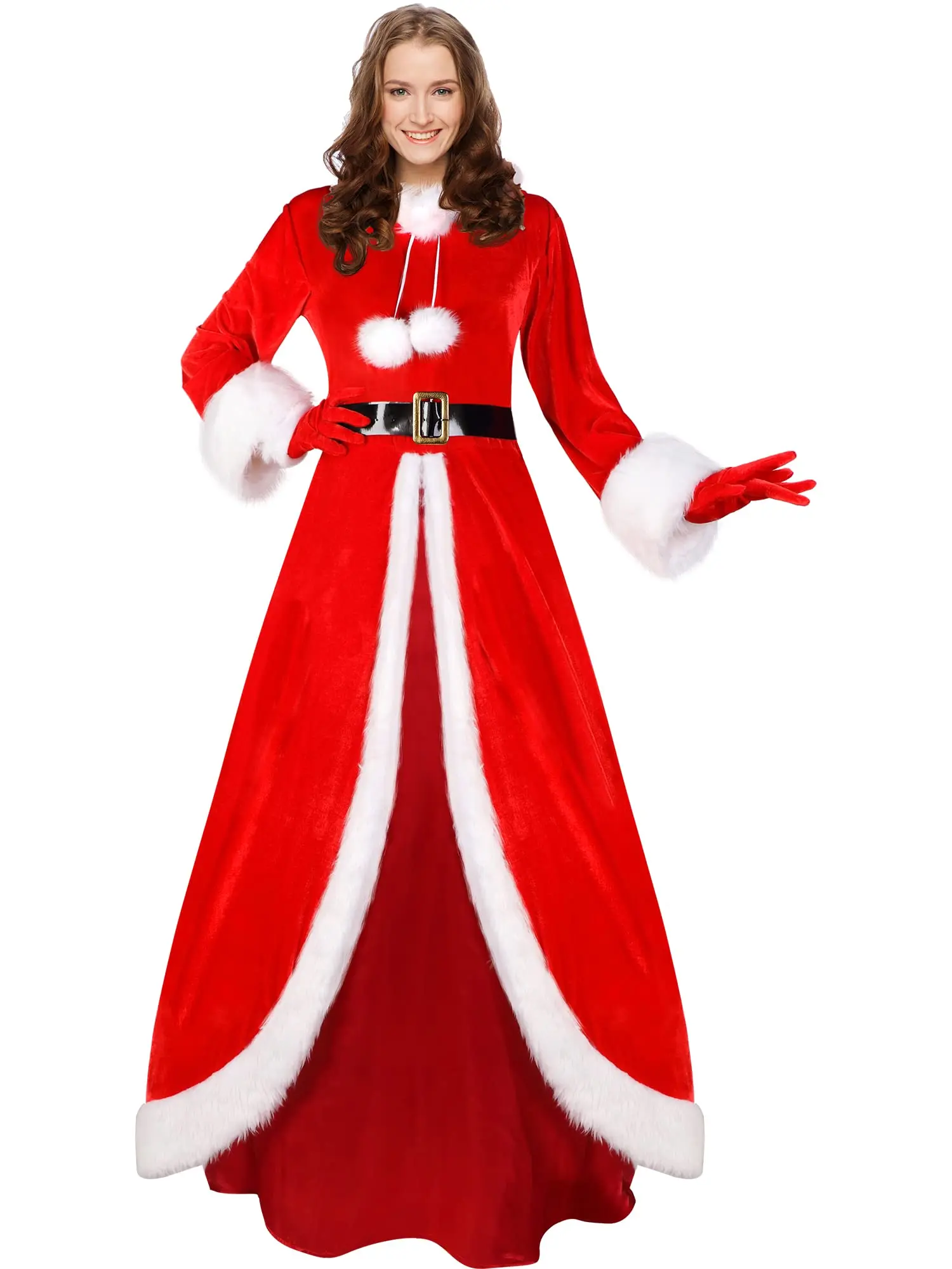 

Mrs Claus Costume Women Christmas Claus Costume Santa Dress Velvet Hooded Xmas Cosplay Outfit with Gloves