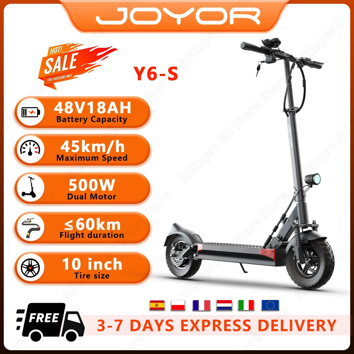 JOYOR Y6-S Scooter Elettrico 500W Motore 48V18Ah Batteria Città Viaggio Scooter Elettrici Adulti 10-Pollici Fuoristrada Pneumatico Ad Aria EScooter