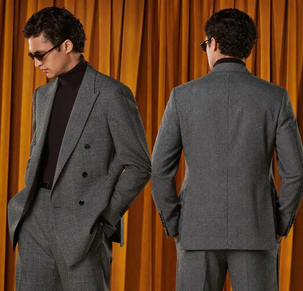 Classic Grey Plaid Tweed Double-Breasted Suit with Notch Lapel and Flap Pockets Men Autumn Business Wear Customized M266828