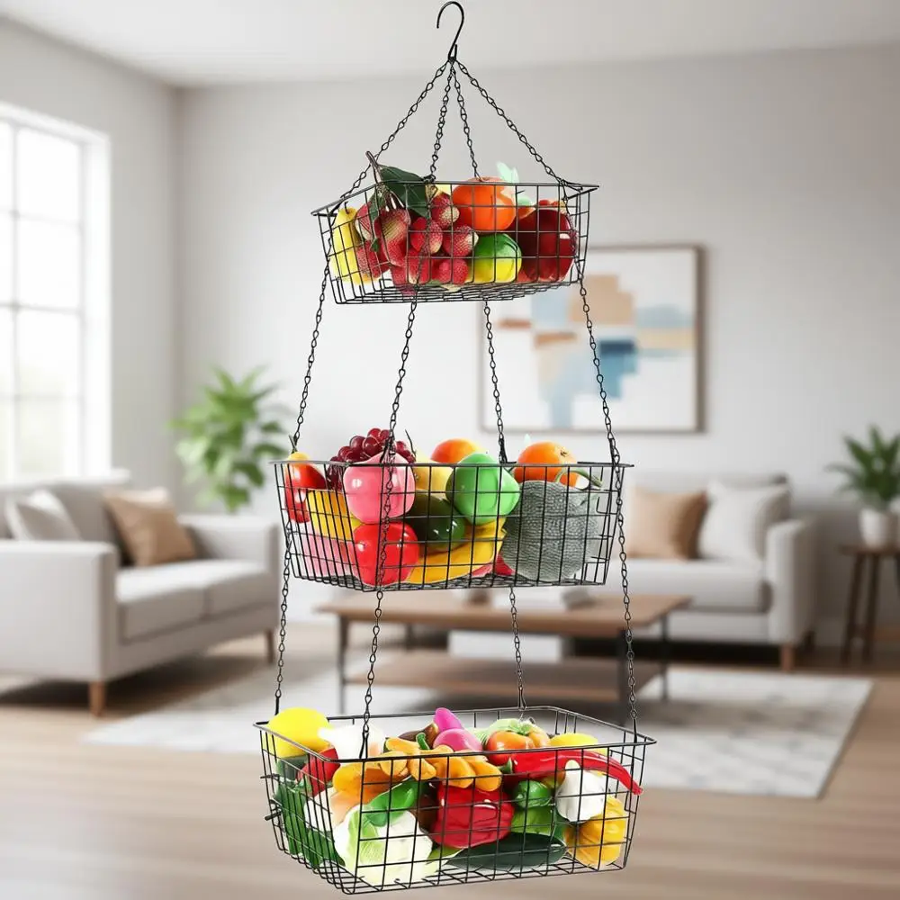 

Прочная 3-ярусная квадратная проволочная корзина-органайзер, 35,4 см, для хранения продуктов на кухне, с металлическими крючками