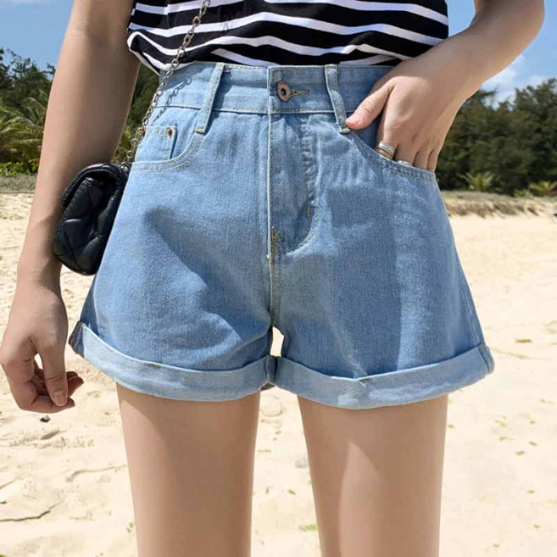 Summer Denim Shorts Women Korean Fashion Trend Rolled Edge High Waist Loose A-line Short Section Jeans Streetwear Y2k Shorts