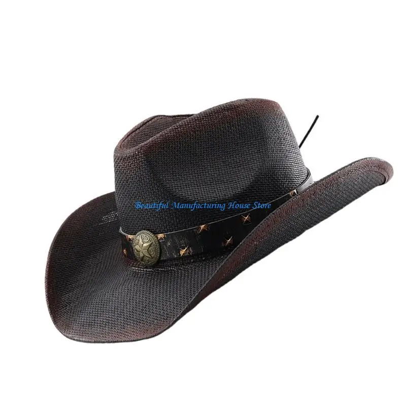 E56A Vintage Star Trim Homburg Panama Hat Knight Hat Western Porkpie Hat Sun Hat Cowboy Hats for Dinner Outdoor Casual Wear
