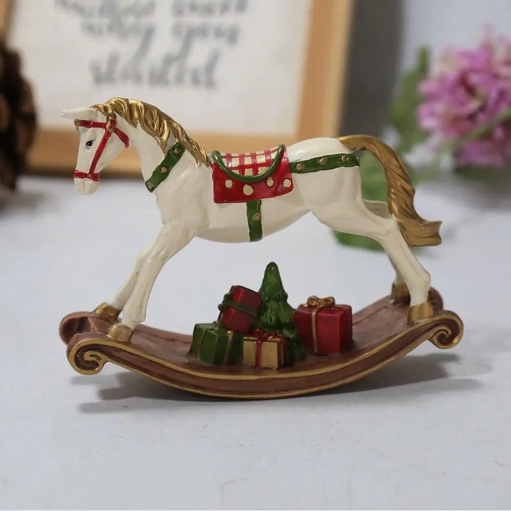 Creative Handmade Christmas Rocking Horse Cartoon Cute Resin Horse Statue Painting Horse Figurine Kid Room