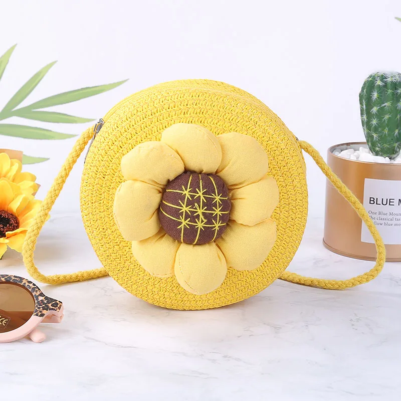 New Girls Shoulder Bag Multipurpose All-match Sunflower Decoration Round Shape Straw Handbag Children's Bags Streetwear