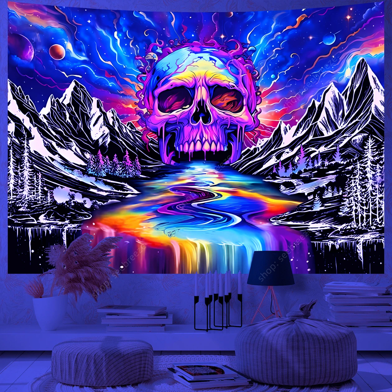 

Psychedelic Skull UV Reactive Tapestry Wall Hanging Galaxy Planet Neon River Through Mountain Tapestry Room Wall Decor Aesthetic