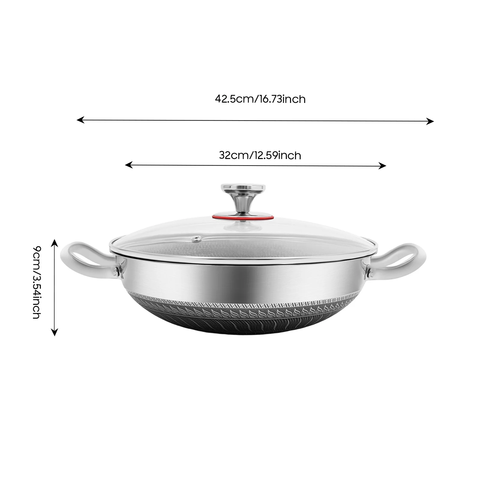 316 Stainless Steel Non Stick Frying Pan PFAS PFOA Free Honeycomb Micro-Convex Skillet Transparent Glass Lid Heat Insulation Red Gasket Dual Side Handles Spiral Anti-Slip Bottom Compatible Induction Gas Electric All Stoves Healthy Kitchen Cooking Pan