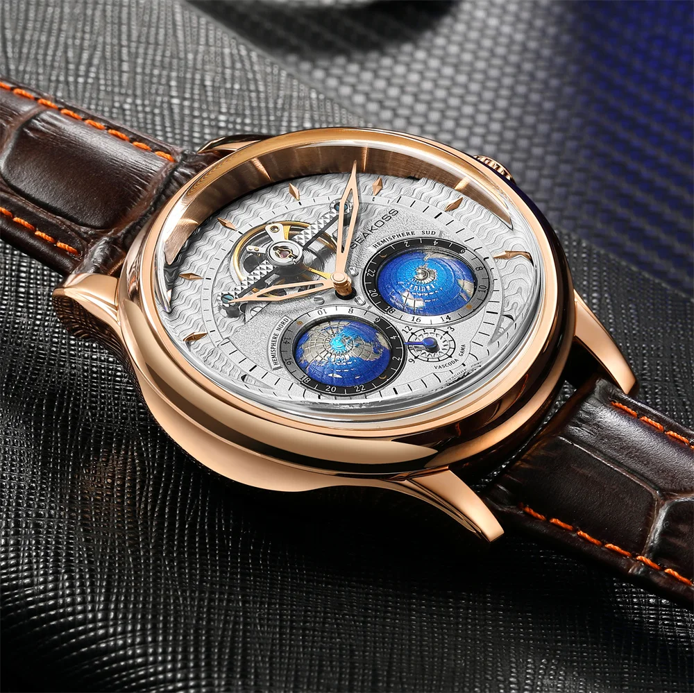 SEAKOSS Luxury Double Earth Rotating Men\'s Mechanical Watch Automatic Movement Waterproof Clock Pilots Men 1963 Flywheel Watches