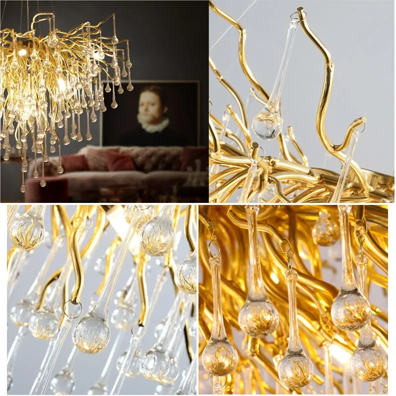 Modern Luxury Copper Branch Water Drop Crystal Chandelier Restaurant Villa Hall Round Living Room Salon Chandeliers Ceiling