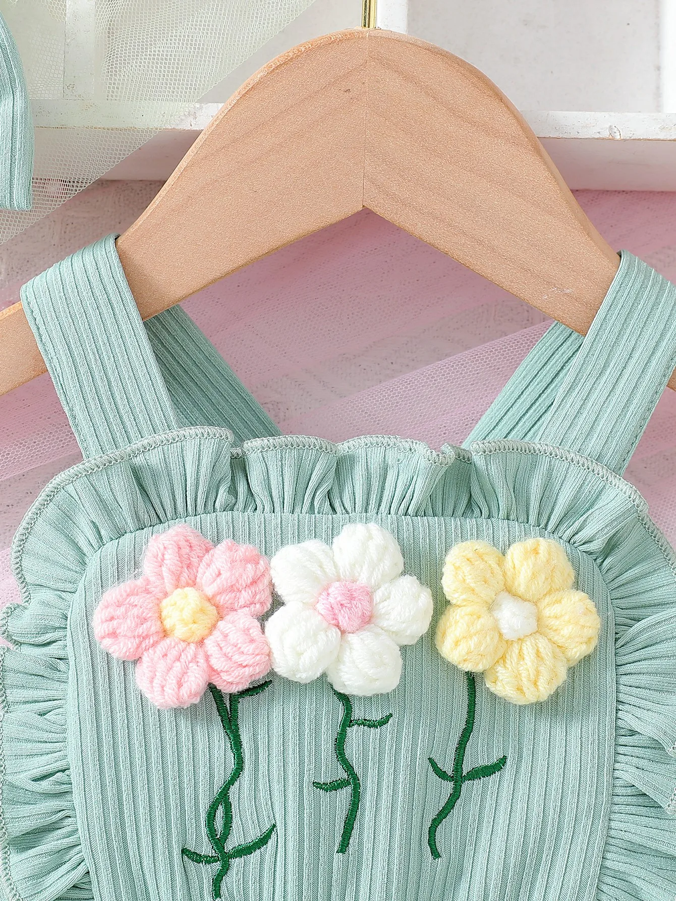 2025年夏 ベビーガールズ メッシュジャンプスーツ 韓国風3Dフラワー刺繍とストラップロンパース ヘッドバンド付きツーピースセット