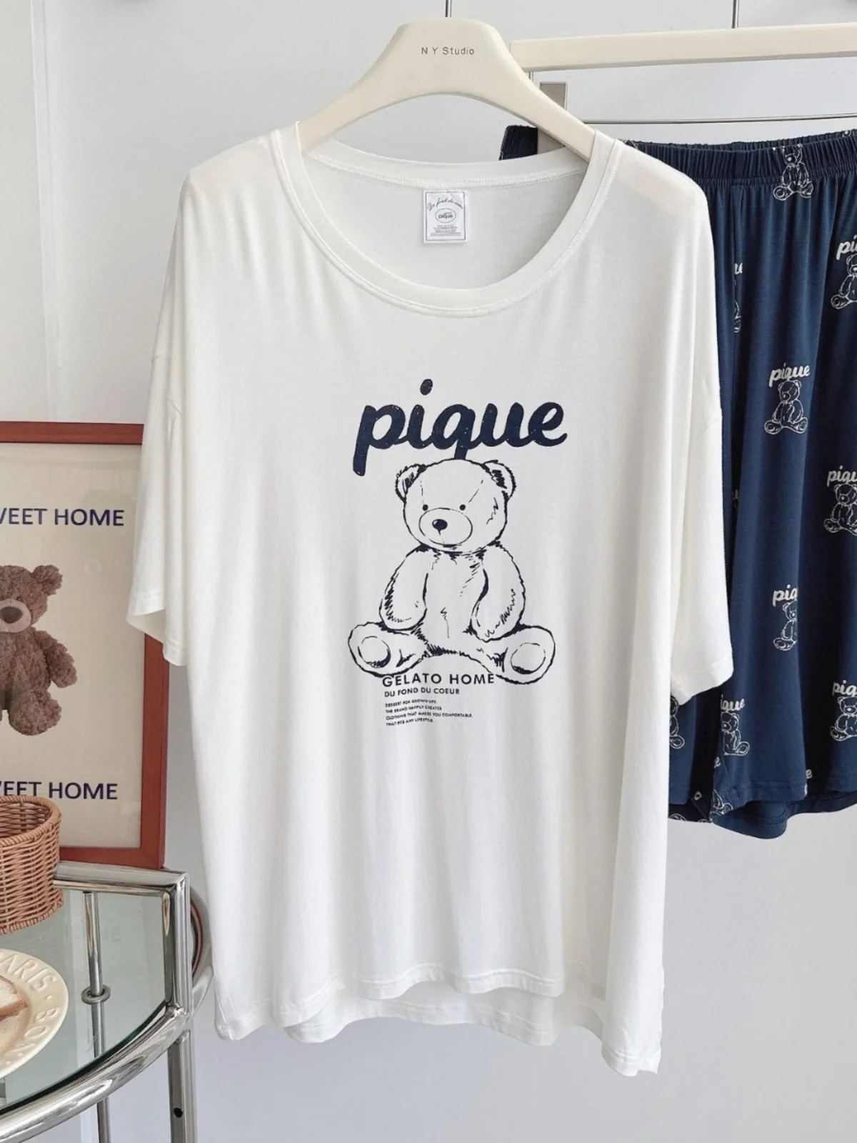 Summer Cartoon Letter Bear Modal Sleepwear Thin Short Sleeve Loose Shorts Home Clothes for Men Comfortable Breathable Pajamas