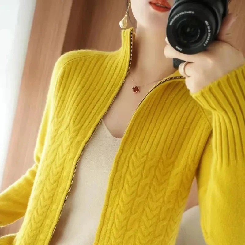 Female Spring Autumn New Fashion Zipper Knitted Cardigan Sweater Coat Lady Short Half High Collar Loose Fit Autumn Cardigan Knit