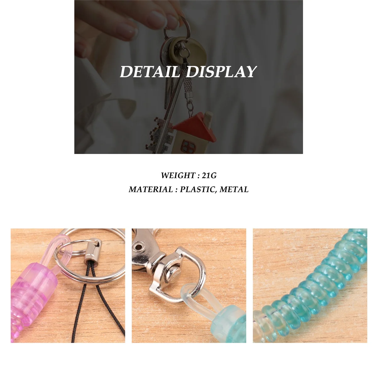 Lobster Hook Blue Spring Stretchy Coil Keyring Keychain Strap Rope Cord