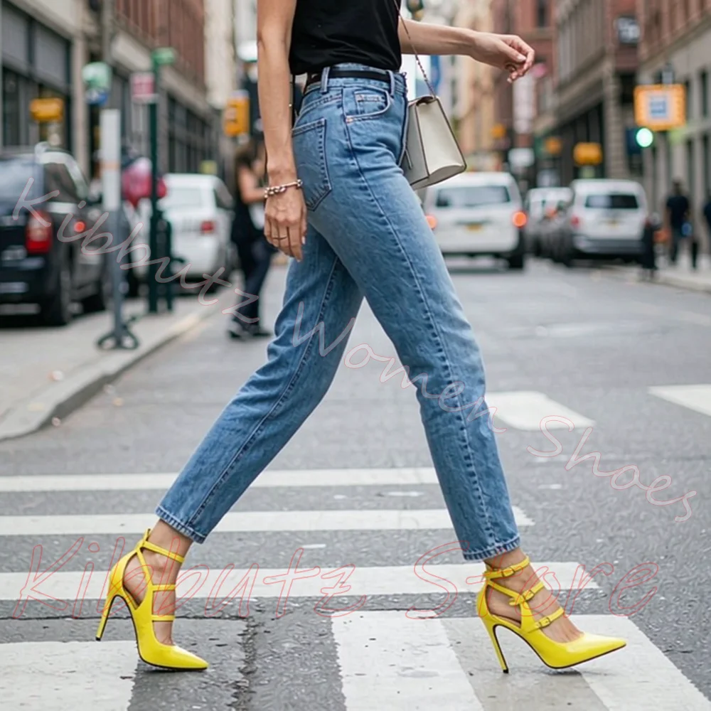 Women Multi Buckle Strappy Pumps Pointed Toe Stiletto Heels Ankle Wrap Cut Out Leather Solid Color Back Zipper Fashion Shoes New