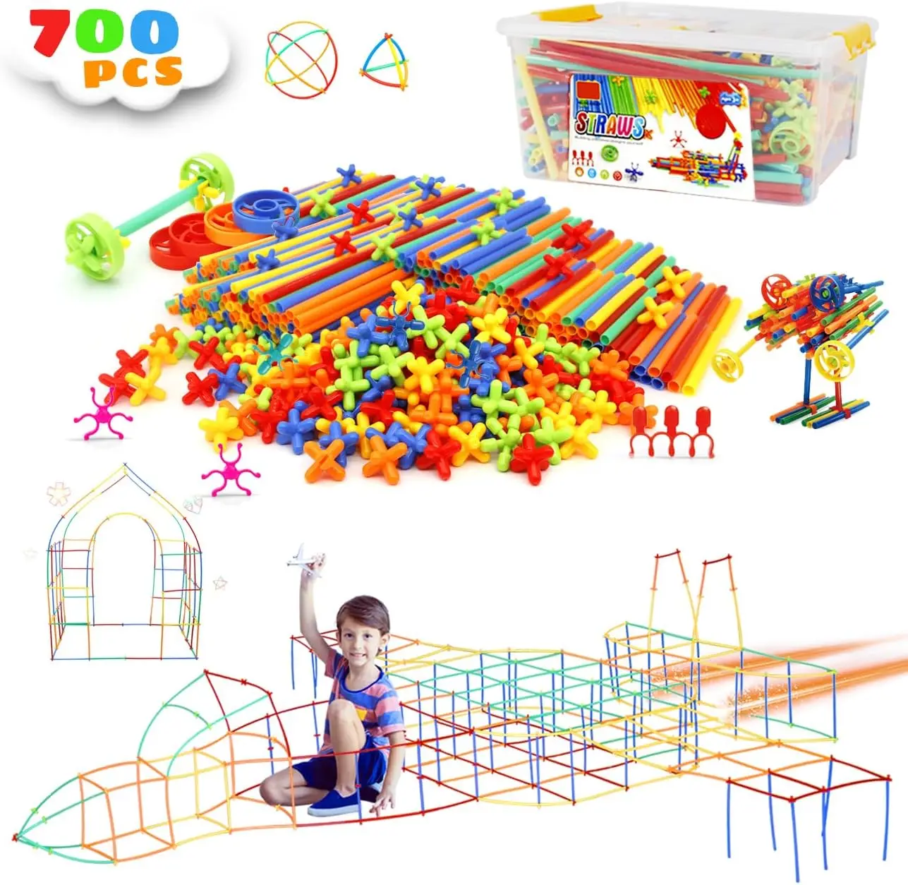 

700Pcs Straw Constructor Toys for 3 4 5 6 7 8 Years Kids STEM Building Toys with Box Straw Toy Interlocking Plastic Toys