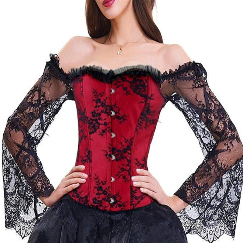 Französische Waspie Crops Tops Courtstyle Spitzenärmel Korsett Retro Cosplay Party Dressing Cincher Viktorianisches Bustier