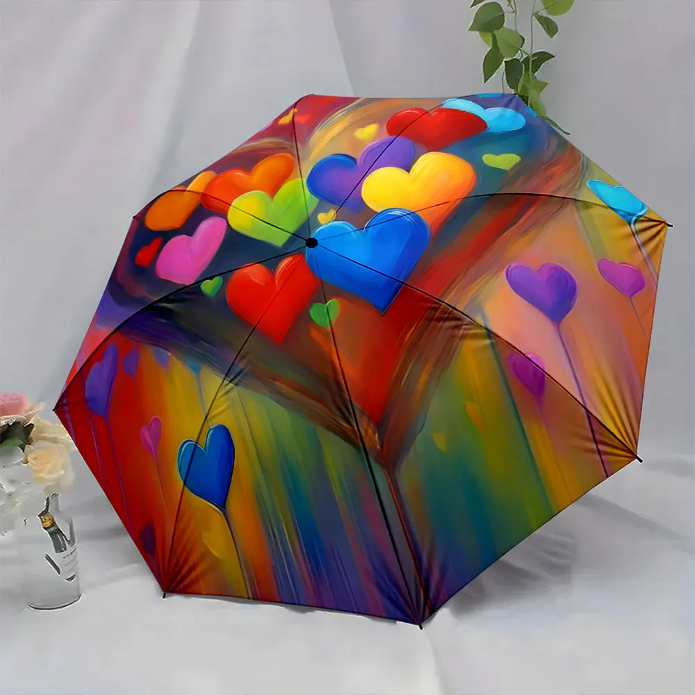 1PC Colorful Heart Art Umbrella Adds Vibrancy to Interior Spaces Print 8 Iron Ribs Folding Umbrella Auto-Open Fashion Sunshade