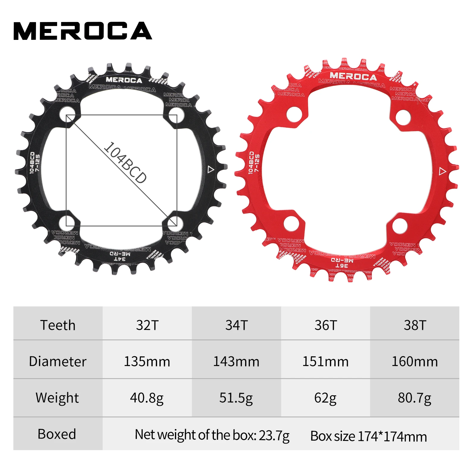 MEROCA 104BCD MTB Chainring Round Narrow Wide Ultralight Mountain Bike 32T 34T 36T 38T Bicycle Crankset Tooth 104BCD Chainwheel