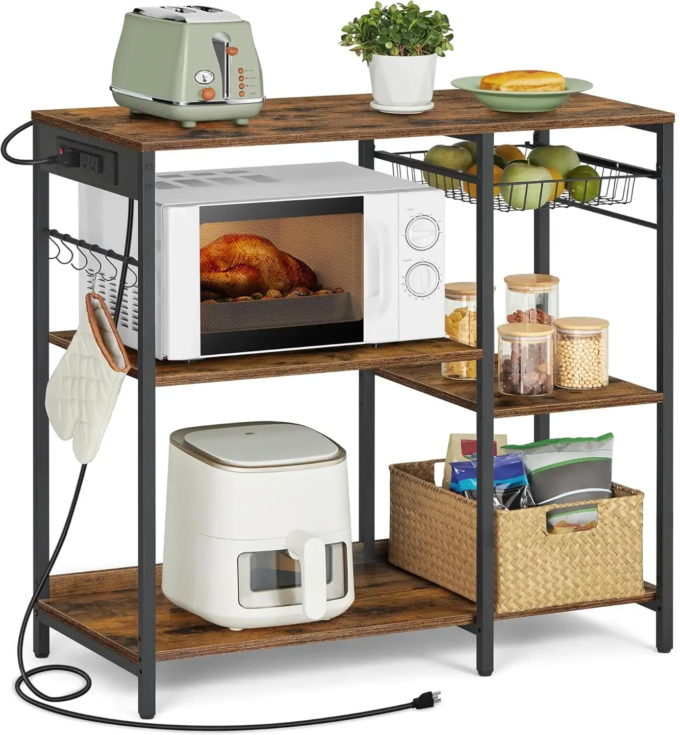 

Baker's Rack, Coffee Bar Stand with Charging Station, Storage Shelves, Pull-Out Wire Basket, Table for Microwave, Kitchen