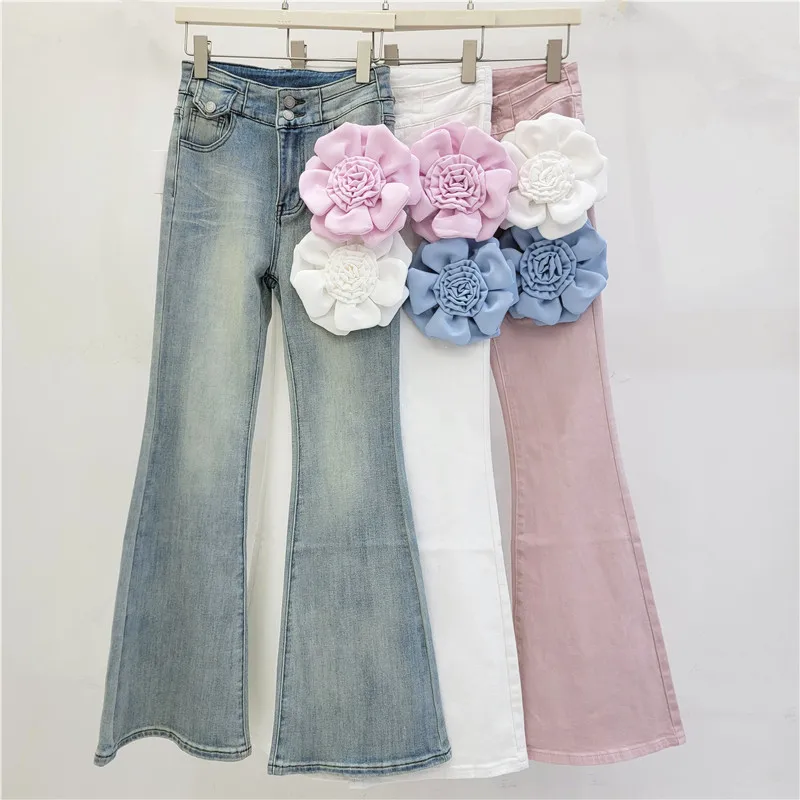 

Design Sense Stylish Stereo Flower Patchwork Jeans, Elastic Slightly Spicy High Waist Slimming Look Denim Pants Women's Trendy