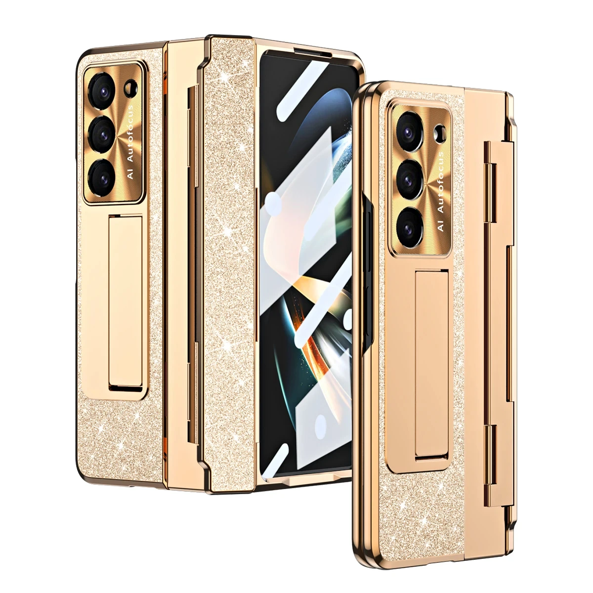 Funda con Protector de pantalla para Samsung Galaxy Z Fold 6 5 Z Fold 4 Z Fold 3 5G, cubierta de soporte chapada de una pieza de lujo, dorada