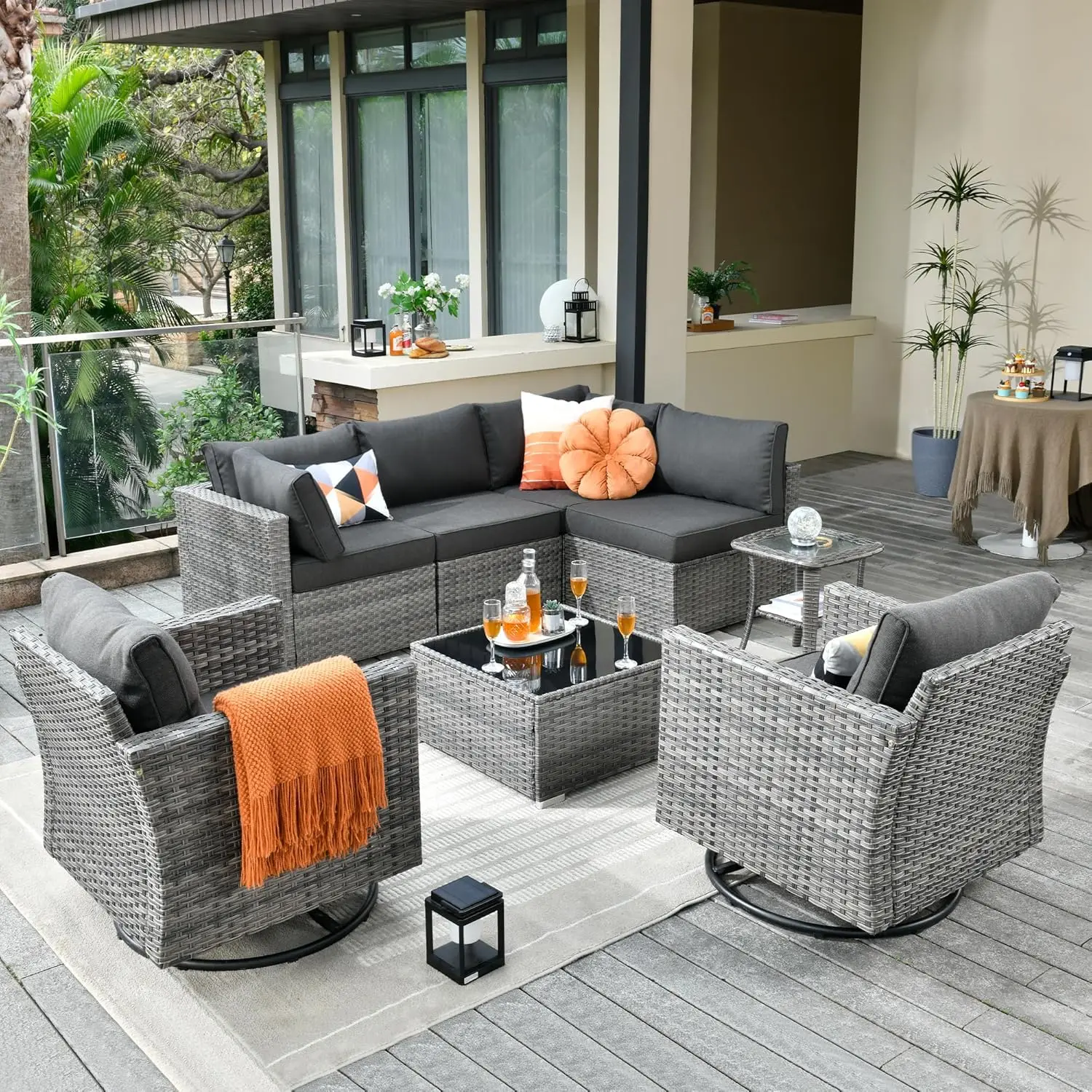 

Outdoor Coversation Set with Rocking Chair, Patio Furniture Set with Wicker Sofa, Modern Black Outside Couch for Backyard