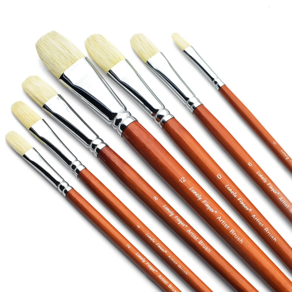 Professional Bristle Filbert Paint Brushes Set, 7pcs Long Wooden Handle Natural Bristle Paint Brush, for Oil, Acrylic Painting