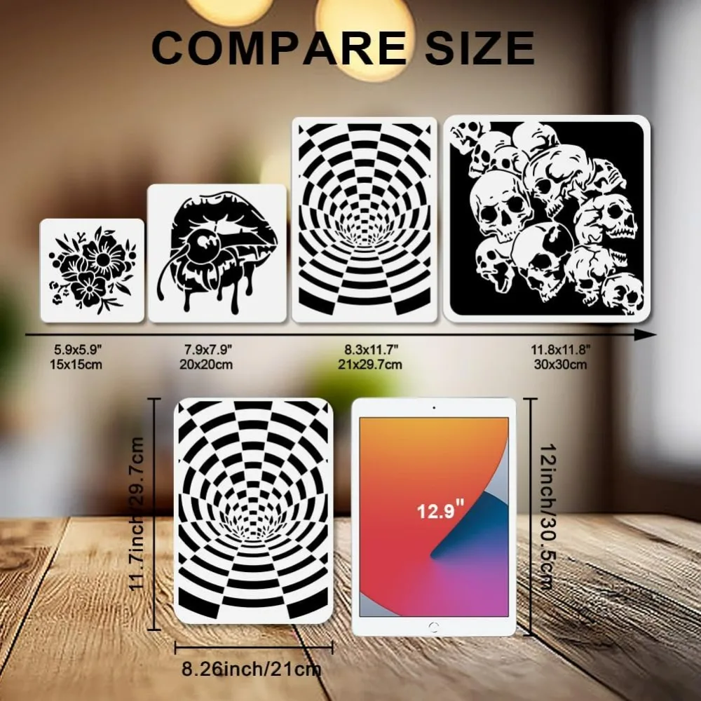 4Pcs 3D Background Painting Stencils Geometric Space Stencils 11.7×8.3inch with Paint Brush Reusable Art Templates for Wood