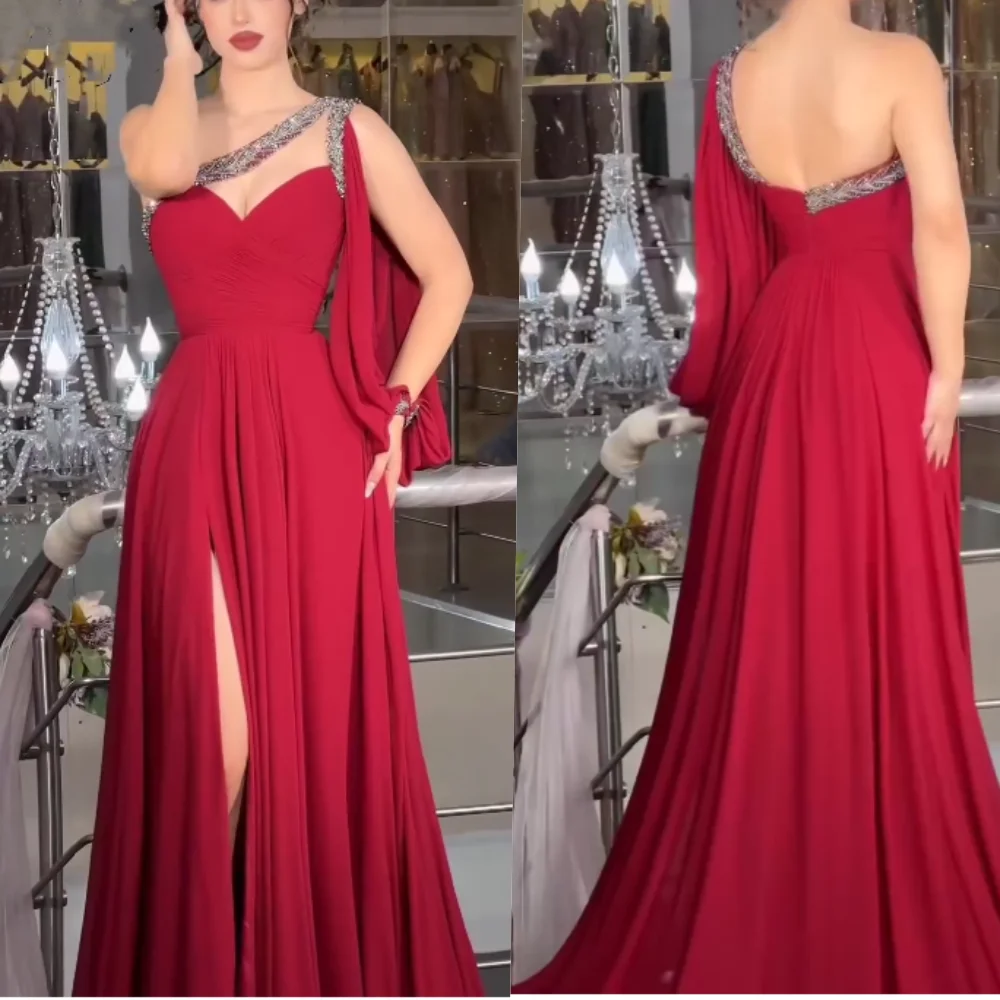 Customized Modern Style Chiffon Pleat Sequined A-line One-shoulder Long Dresses Prom Dresses Chinese Style Unisex Fashion Exquis