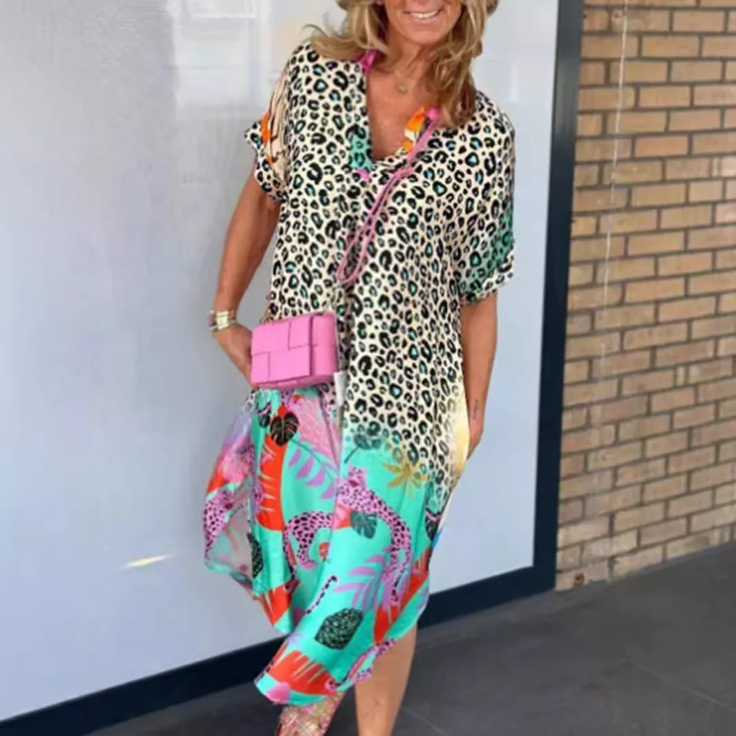 

Длинные платья, женское платье с леопардовым принтом, Vestidos, с короткими рукавами, полуоткрытый воротник, женское платье 2025 года, повседневное винтажное платье макси трапециевидной формы