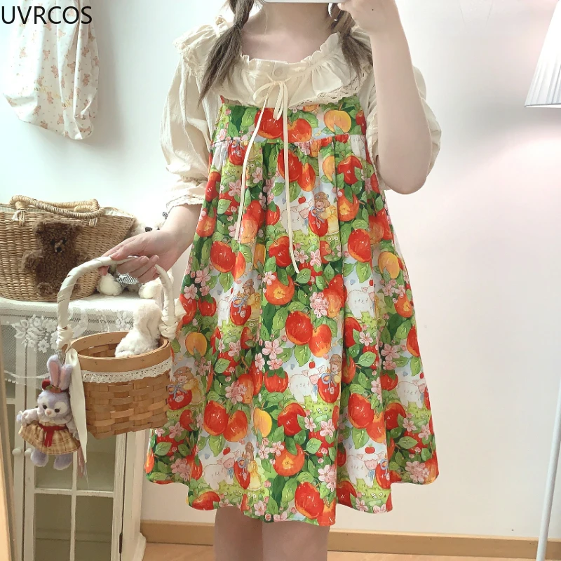 Giapponese Kawaii Lolita Style Jsk Dress donna Sweet Fruit Print Princess Sling Dresses Casual allentato carino senza maniche abiti da festa