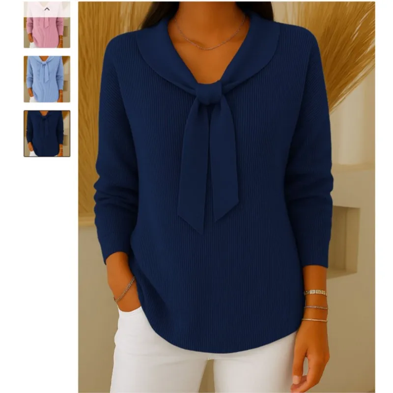 جديد خريف وشتاء 2025 بلوزات نسائية محبوكة غير رسمية للتنقل عصرية بلون سادة وياقة دمية وأكمام طويلة بلوفر فضفاض #3